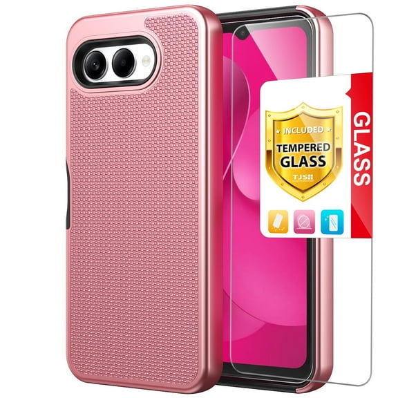 TJS for T-Mobile REVVL 8 Phone Case, with Tempered Glass Screen Protector, Slim Dual Layer Hybrid Shockproof Rugged Phone Cover (Rose Gold)