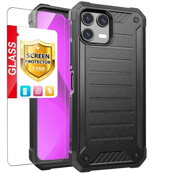 TJS for T-Mobile REVVL 8 Pro Phone Case, with Tempered Glass Screen Protector, Tough Lined Design Hybrid Shockproof Protection Cover (Black)
