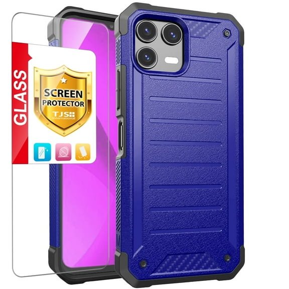 TJS for T-Mobile REVVL 8 Pro Phone Case, with Tempered Glass Screen Protector, Tough Lined Design Hybrid Shockproof Protection Cover (Blue)