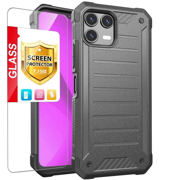 TJS for T-Mobile REVVL 8 Pro Phone Case, with Tempered Glass Screen Protector, Tough Lined Design Hybrid Shockproof Protection Cover (Gray)