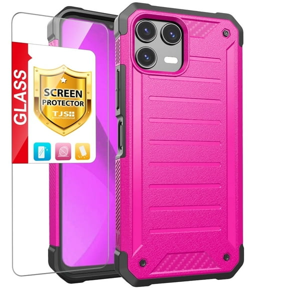 TJS for T-Mobile REVVL 8 Pro Phone Case, with Tempered Glass Screen Protector, Tough Lined Design Hybrid Shockproof Protection Cover (Pink)