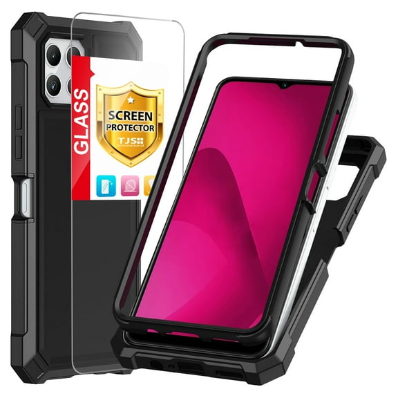 TJS for T-Mobile Revvl 7 5G Phone Case, with Screen Protector, Full Body Protective Heavy Duty Hybrid Bumper Cover (Black)