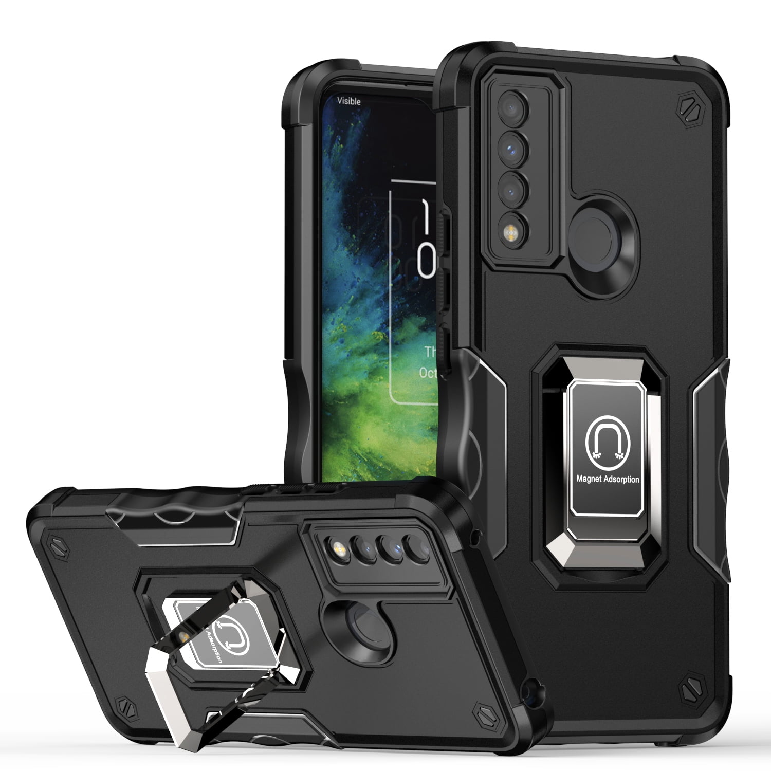 TJS for TCL 20 XE Phone Case, [Military Grade] Heavy Duty Protective Cover,  Magnetic Support Ring Kickstand Phone Case (Black)