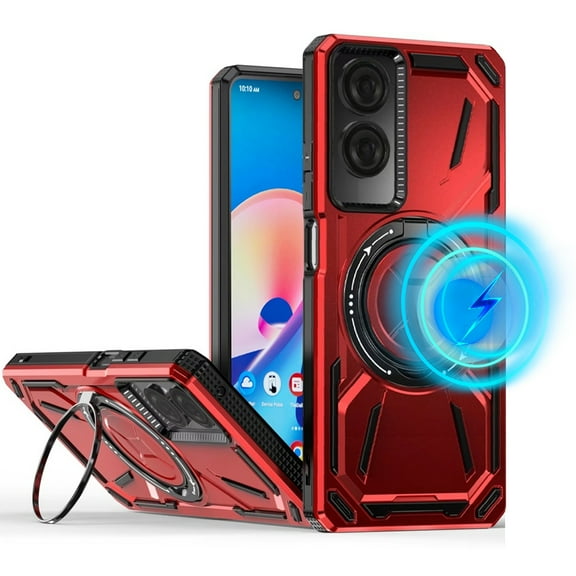 TJS for TCL 50 SE Phone Case, [Military Grade] Metal Circle Ring Magnetic Support Kickstand Drop Protector Cover for TCL 50SE (Red)