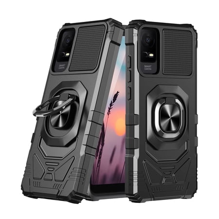 TJS for TCL ION X / ION V / 40Z Phone Case, [Military Grade] Robotic Magnetic Support Car Mount Metal Ring Holder Kickstand Cover (Black)