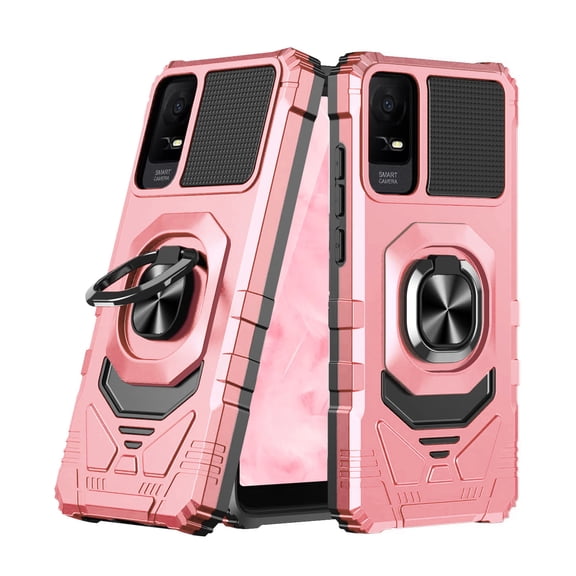 TJS for TCL ION X / ION V / 40Z Phone Case, [Military Grade] Robotic Magnetic Support Car Mount Metal Ring Holder Kickstand Cover (Rose Gold)