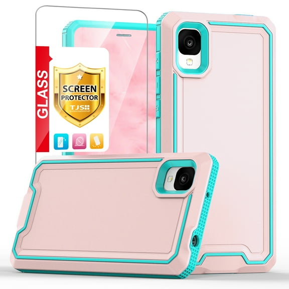 TJS for TCL Ion Z Phone Case, with Tempered Glass Screen Protector, Dual Layer Shockproof Rugged Hybrid Drop Protector Cover (Pink)