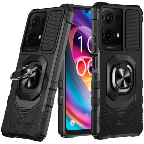 TJS for TCL K32 5G / K33 5G Phone Case, Military Grade Robotic Magnetic Support Car Mount Metal Ring Holder Kickstand Cover (Black)