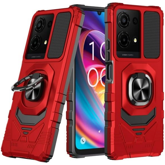 TJS for TCL K32 5G / K33 5G Phone Case, Military Grade Robotic Magnetic Support Car Mount Metal Ring Holder Kickstand Cover (Red)