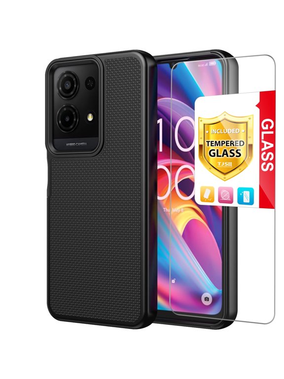 Phone Case for TCL K32 5G / K33 5G, with Tempered Glass Screen Protector, Slim Dual Layer Hybrid Shockproof Rugged Phone Cover (Black)