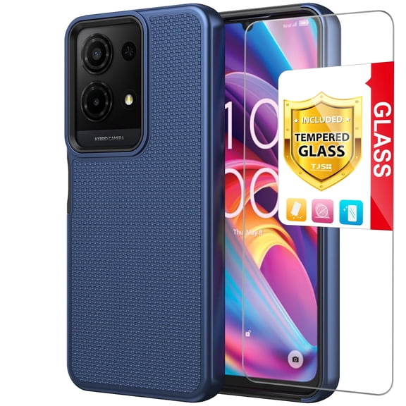 TJS Phone Case for TCL K32 5G / K33 5G, with Tempered Glass Screen Protector, Slim Dual Layer Hybrid Shockproof Rugged Phone Cover (Blue)
