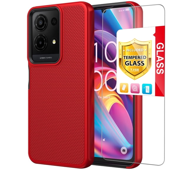TJS Phone Case for TCL K32 5G / K33 5G, with Tempered Glass Screen Protector, Slim Dual Layer Hybrid Shockproof Rugged Phone Cover (Red)