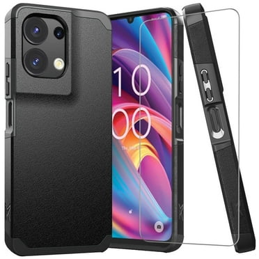 TJS for TCL K32 5G / K33 5G Phone Case, with Tempered Glass Screen Protector, Dual Layer Hybrid Magnetic Support Shockproof Heavy Duty Cover (Black)