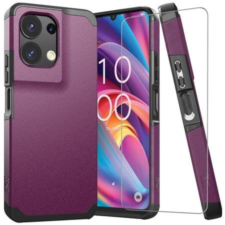 TJS for TCL K32 5G / K33 5G Phone Case, with Tempered Glass Screen Protector, Dual Layer Hybrid Magnetic Support Shockproof Heavy Duty Cover (Purple)