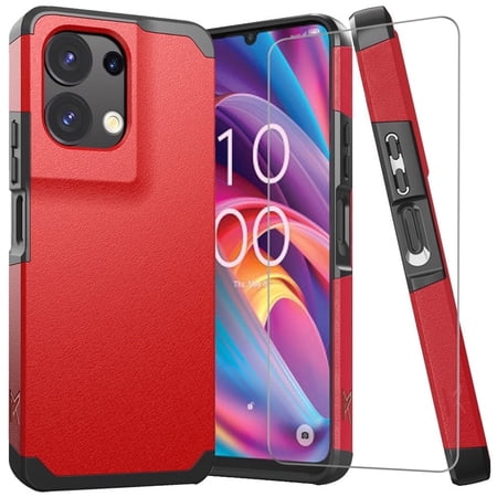 TJS for TCL K32 5G / K33 5G Phone Case, with Tempered Glass Screen Protector, Dual Layer Hybrid Magnetic Support Shockproof Heavy Duty Cover (Red)