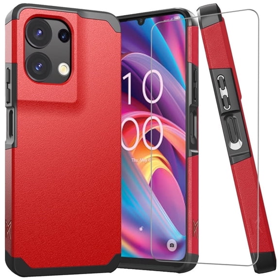 TJS for TCL K32 5G / K33 5G Phone Case, with Tempered Glass Screen Protector, Dual Layer Hybrid Magnetic Support Shockproof Heavy Duty Cover (Red)