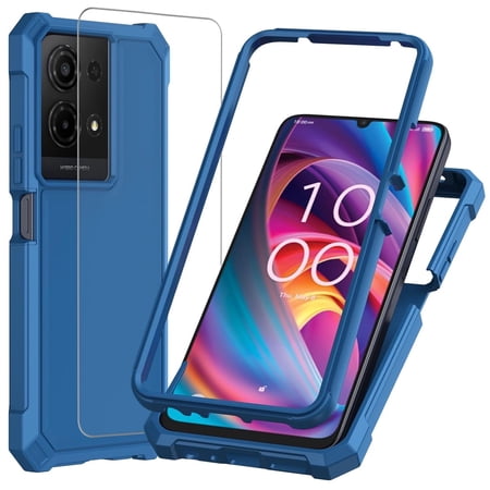 TJS for TCL K32 5G / K33 5G Phone Case, with Tempered Glass Screen Protector, Full Body Protective Heavy Duty Hybrid Bumper Cover (Blue)