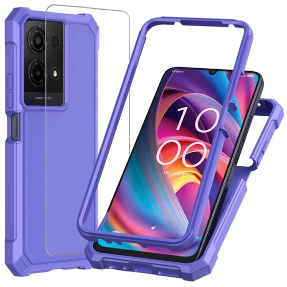TJS for TCL K32 5G / K33 5G Phone Case, with Tempered Glass Screen Protector, Full Body Protective Heavy Duty Hybrid Bumper Cover (Purple)