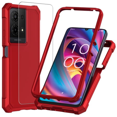 TJS for TCL K32 5G / K33 5G Phone Case, with Tempered Glass Screen Protector, Full Body Protective Heavy Duty Hybrid Bumper Cover (Red)