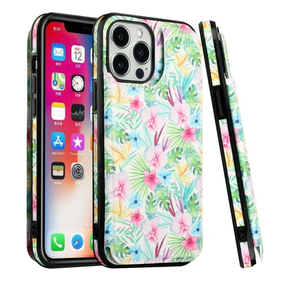 TJS for iPhone 14 Pro Max Phone Case, Luxury Wallet Card ID Money Holder Cover (Floral)