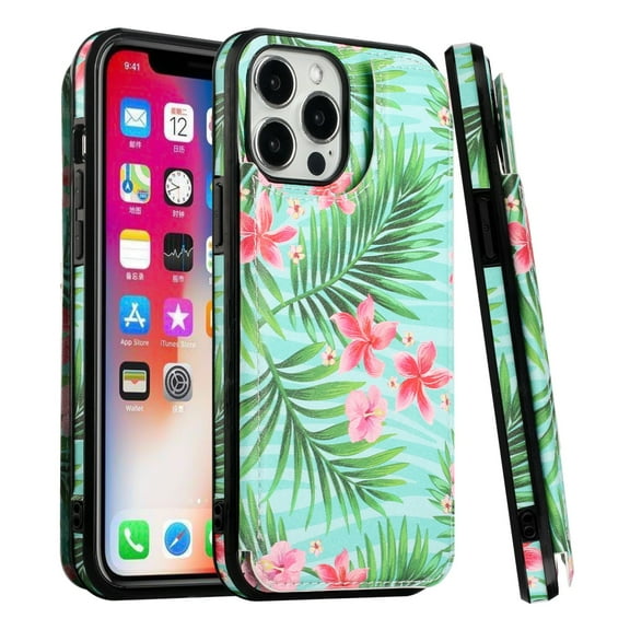 TJS for iPhone 14 Pro Max Phone Case, Luxury Wallet Card ID Money Holder Cover (Hibiscus Flowers)