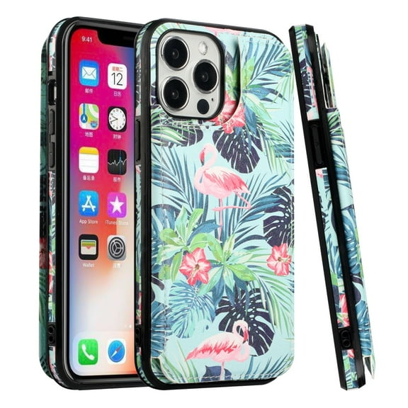TJS for iPhone 14 Pro Phone Case, Luxury Wallet Card ID Money Holder Cover (Flamingo)