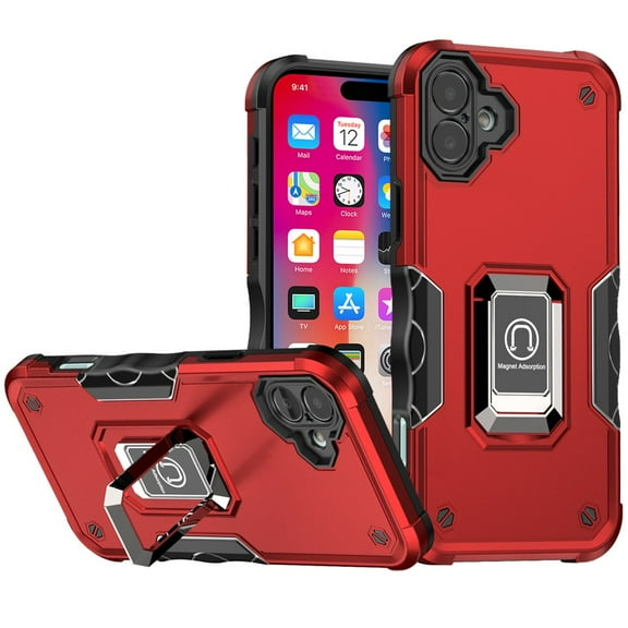 TJS for iPhone 16 Phone Case, [Military Grade] Heavy Duty Magnetic Support Ring Kickstand Cover (Red)