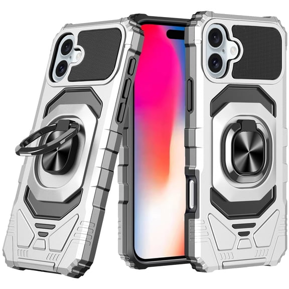 TJS for iPhone 16 Phone Case, [Military Grade] Robotic Magnetic Support Car Mount Metal Ring Holder Kickstand Cover (Silver)