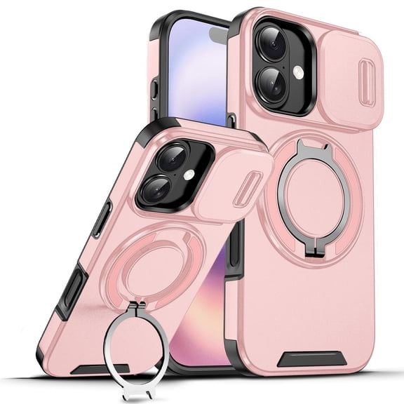 TJS for iPhone 16 Phone Case, Privacy Camera Dual Layer Magnetic Ring Rotating Stand Protective Cover (Pink)