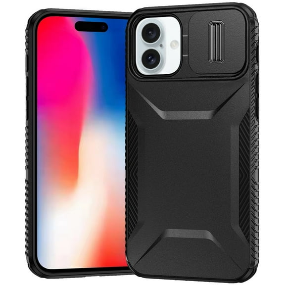 TJS for iPhone 16 Phone Case, Slide Camera Cover Shockproof TPU+PC Lens Protection Cover (Black)