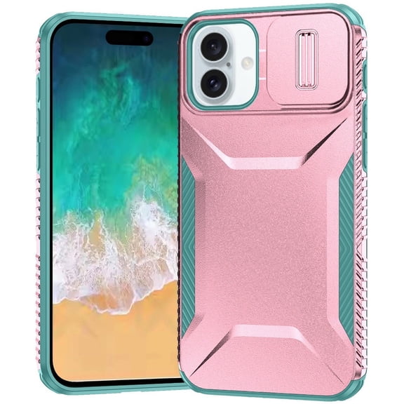 TJS for iPhone 16 Plus Phone Case, Slide Camera Cover Shockproof TPU+PC Lens Protection Cover (Pink/Teal)