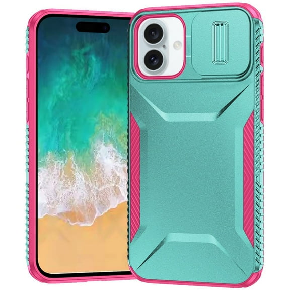 TJS for iPhone 16 Plus Phone Case, Slide Camera Cover Shockproof TPU+PC Lens Protection Cover (Teal/Pink)