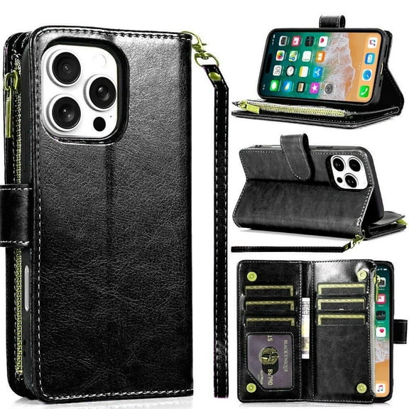TJS for iPhone 16 Pro Max Phone Case, Luxury Wallet Card ID Zipper Money Holder Cover (Black)