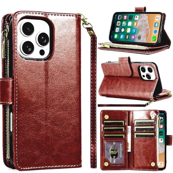 TJS for iPhone 16 Pro Max Phone Case, Luxury Wallet Card ID Zipper Money Holder Cover (Brown)