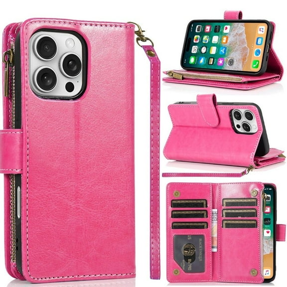 TJS for iPhone 16 Pro Max Phone Case, Luxury Wallet Card ID Zipper Money Holder Cover (Hot Pink)