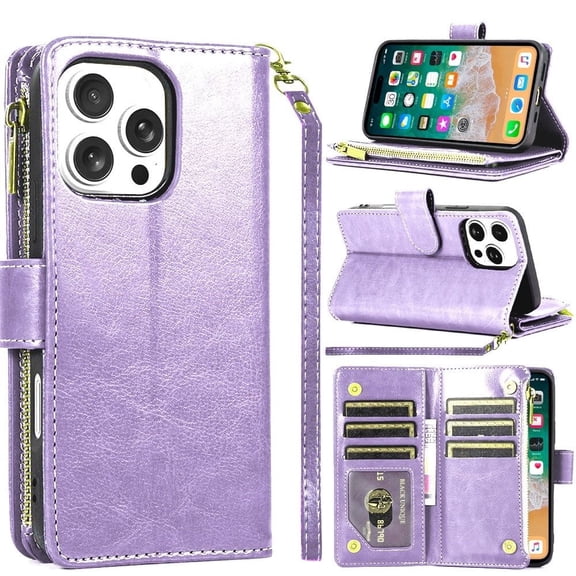 TJS for iPhone 16 Pro Max Phone Case, Luxury Wallet Card ID Zipper Money Holder Cover (Lavender)