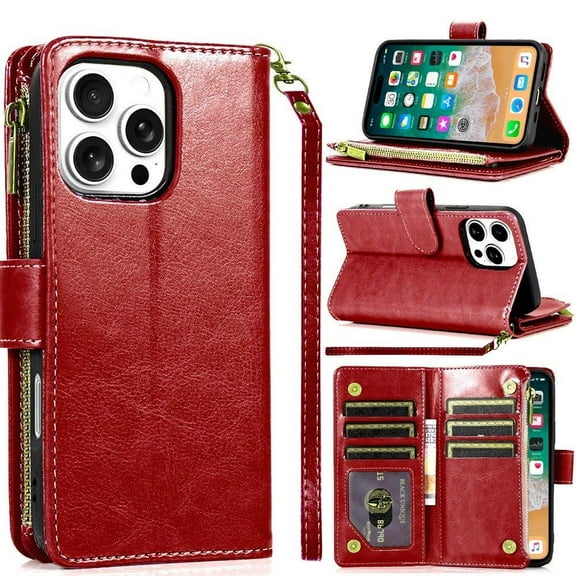 TJS for iPhone 16 Pro Max Phone Case, Luxury Wallet Card ID Zipper Money Holder Cover (Red)