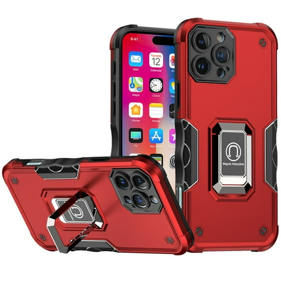 TJS for iPhone 16 Pro Phone Case, [Military Grade] Heavy Duty Magnetic Support Ring Kickstand Cover (Red)