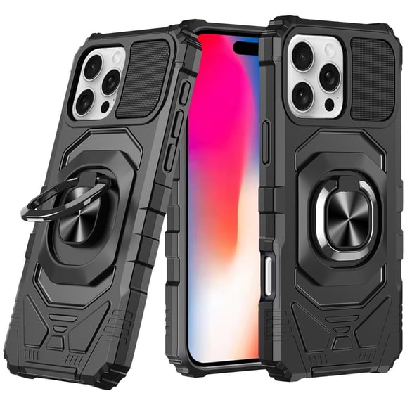 TJS for iPhone 16 Pro Phone Case, [Military Grade] Robotic Magnetic Support Car Mount Metal Ring Holder Kickstand Cover (Black)