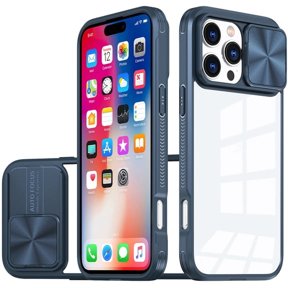 TJS for iPhone 16 Pro Phone Case, Slide Camera Cover Full Body Bumper Protective Clear Cover (Black)