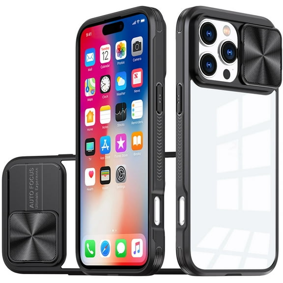 TJS for iPhone 16 Pro Phone Case, Slide Camera Cover Full Body Bumper Protective Clear Cover (Black)