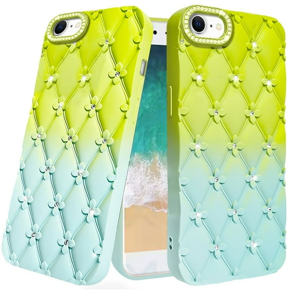 TJS for iPhone 16e Phone Case, Floral Joy Glitter Shimmer Leather Feel Thick TPU Cover (Light Green/Teal)