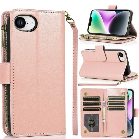 TJS for iPhone 16e Phone Case, Luxury Wallet Card ID Zipper Money Holder Cover (Rose Gold)