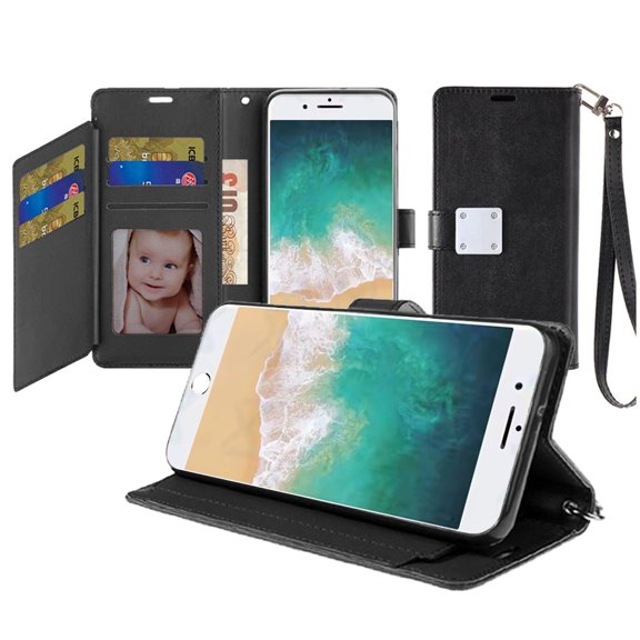 TJS for iPhone 16e Phone Case, Magnetic Metal Snap Wallet ID Card Slot Holder Cover (Black)