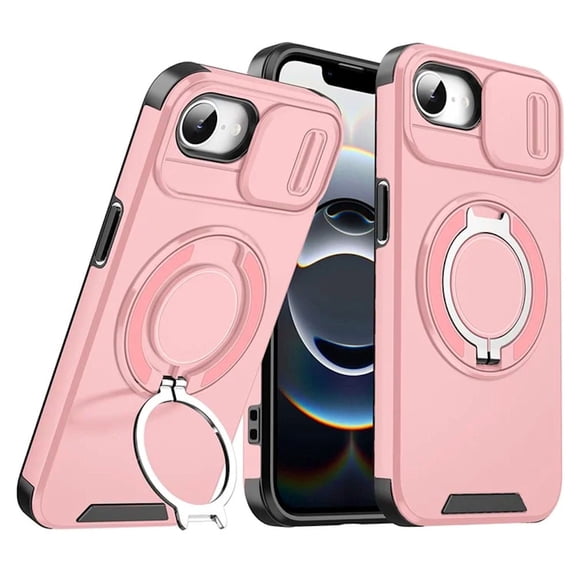 TJS Phone Case for iPhone 16e, Privacy Camera Dual Layer Magnetic Ring Rotating Stand Protective Cover (Pink)