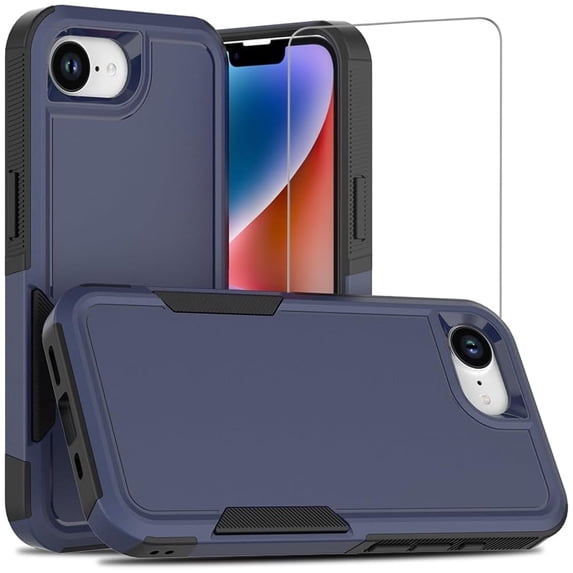TJS Phone Case for iPhone 17e / iPhone 16e, with Tempered Glass Screen Protector, Heavy Duty Rugged Shockproof Full Body Protection Cover (Blue)