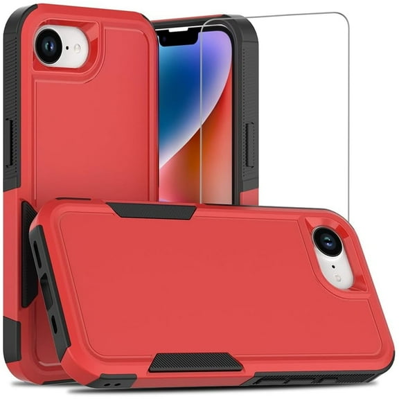 TJS for iPhone 16e Phone Case, with Tempered Glass Screen Protector, Heavy Duty Rugged Shockproof Full Body Protection Cover (Red)