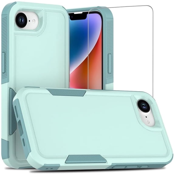 TJS Phone Case for iPhone 17e / iPhone 16e, with Tempered Glass Screen Protector, Heavy Duty Rugged Shockproof Full Body Protection Cover (Teal)