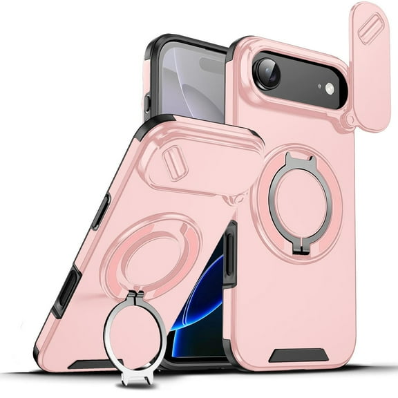 TJS for iPhone 17 Air Phone Case, Privacy Camera Dual Layer Magnetic Ring Rotating Stand Protective Cover (Pink)