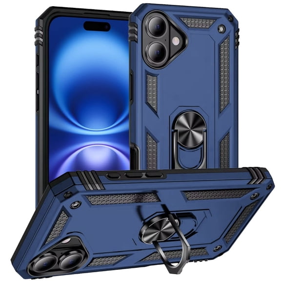 TJS for iPhone 17 Phone Case, Impact Resistant Hybrid Metal Ring Magnetic Support Kickstand Cover (Blue)